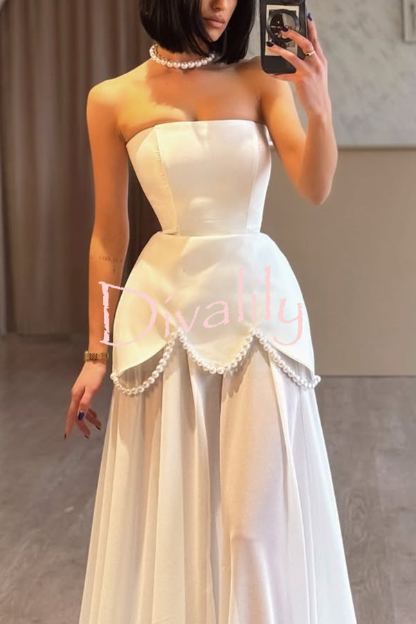 Jiya Satin Petal Hem Pearl Detail Chiffon Cape Strapless Maxi Dress