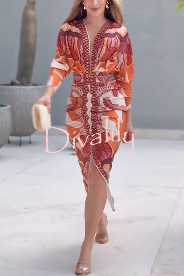 Brazilian Style Unique Print Dolman Long Sleeve Ruched Slit Midi Dress