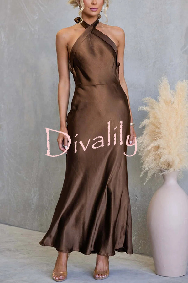 Satin Fashion Halter Backless Slim Elegant Maxi Dress