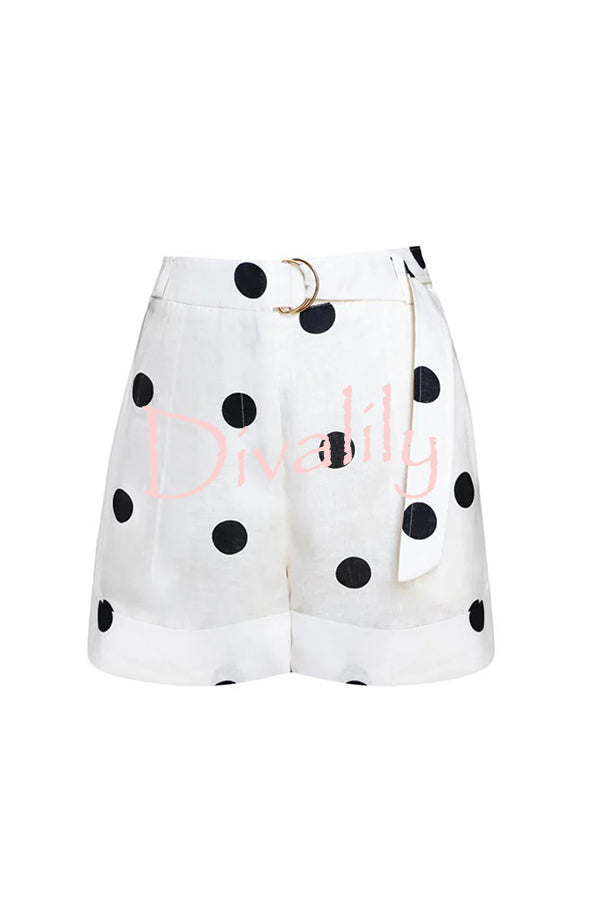 Gabby Linen Blend Polka Dot Tie-up Lapel Halter Vest and Metal Ring Belt Loose Shorts Set