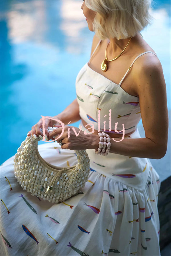 Island Resort Linen Blend Back Smocked Crop Tank and High Rise A-line Maxi Skirt Set