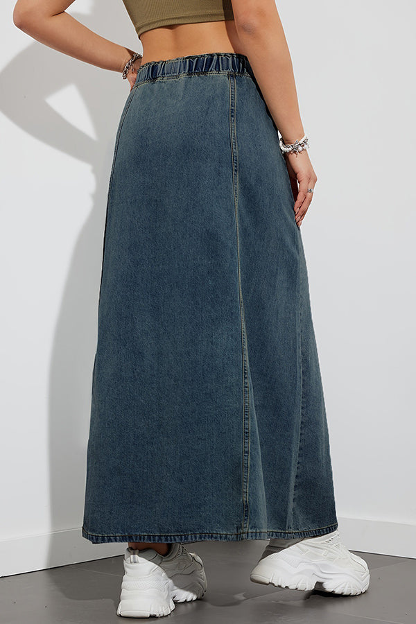 Fashion Elastic Waist Drawstring Casual Pocket Denim Maxi Skirt