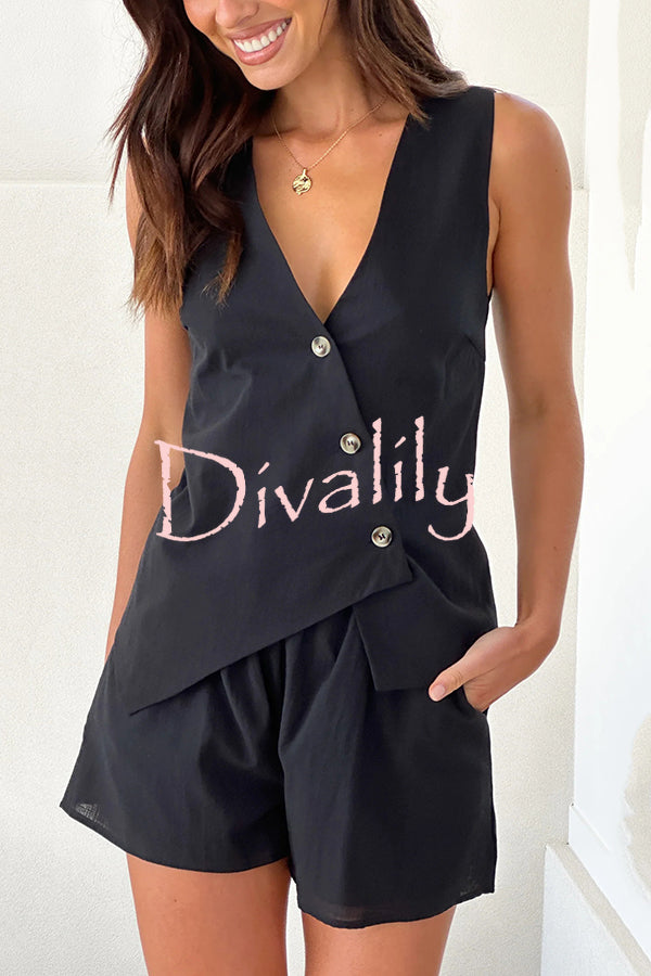 Solid Color Sleeveless V-neck Asymmetric Top and Elastic Waist Loose Pocket Shorts Set