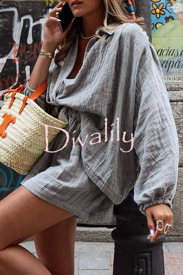 Solid Color Lapel Long Sleeve Loose Shirt and Elastic Waist Casual Pocket Shorts Set