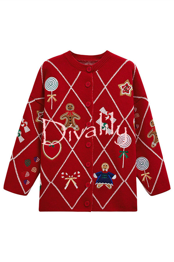 Argyle Candy Gingerbread Man Embroidered Button-knit Cardigan