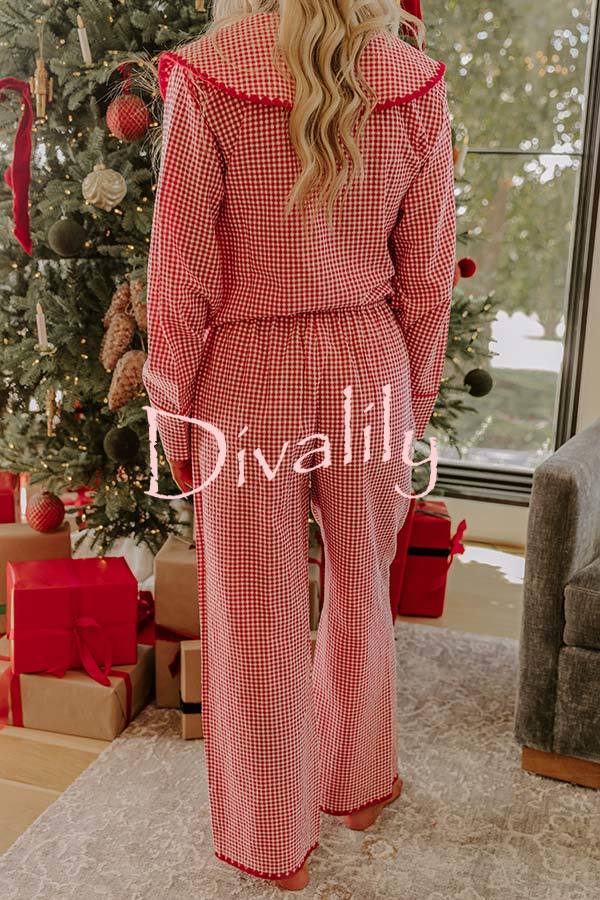 Nutcracker Charm Embroidered Gingham Loose Shirt and Elastic Waist Pajama Set
