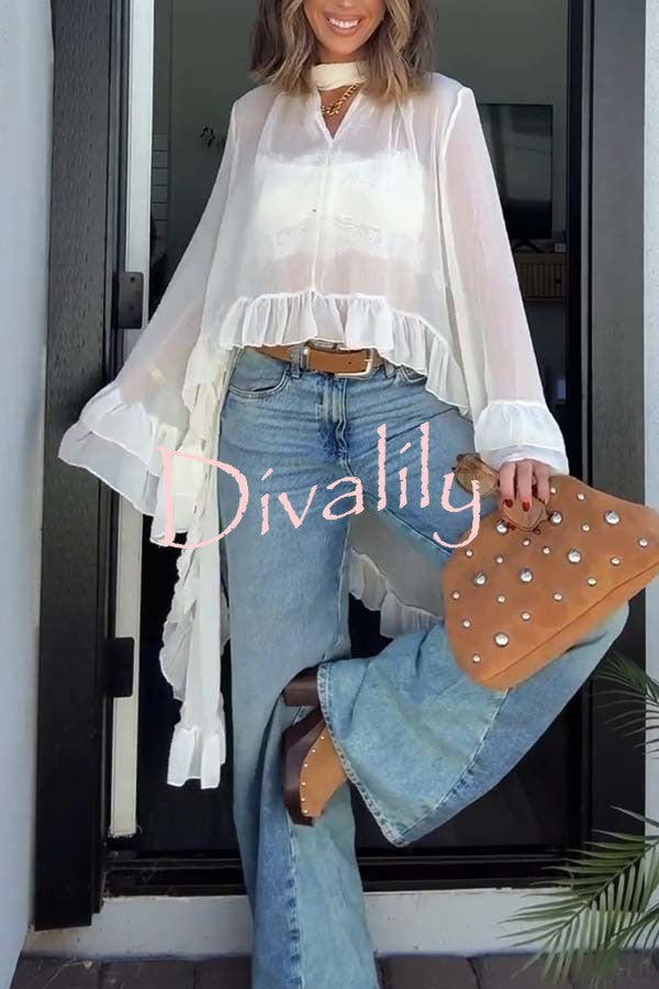 Flowy See-through Ruffle Tie-up Neck Bell Sleeve High-low Hem Cape Shirt