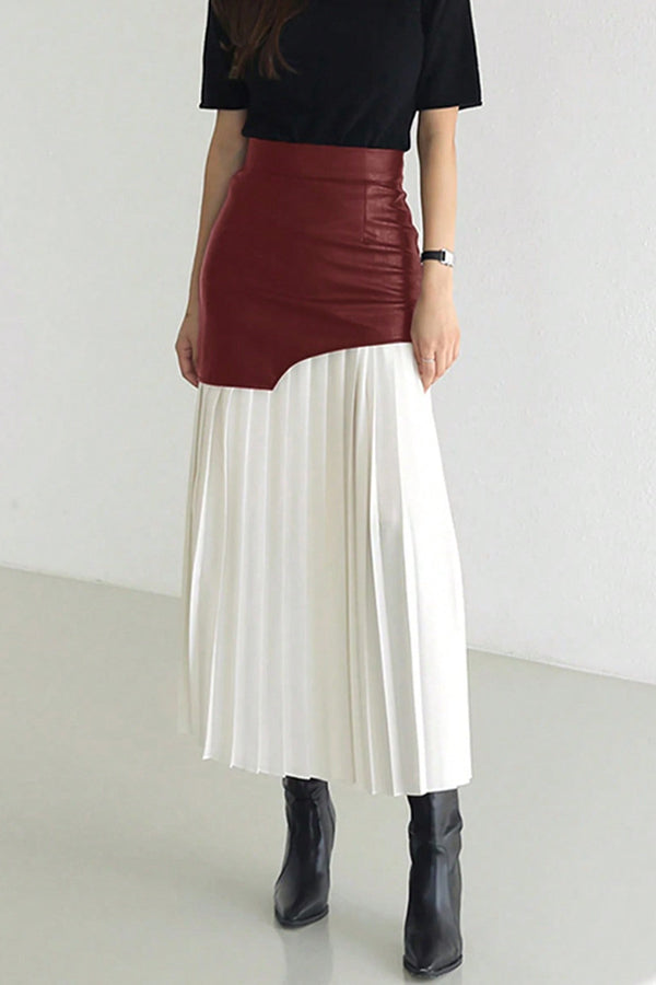 Fashionable Patchwork Contrast Color Pleated Midi Skirt