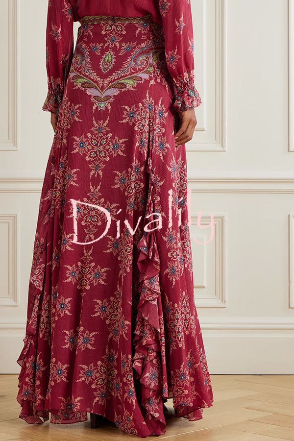 Unique Printed Chiffon Long-sleeved Loose Shirt and Elegant Ruffled Maxi Skirt Set