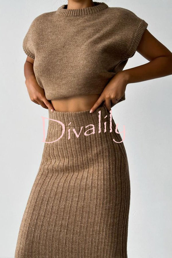 Triko Knit Short Sleeve Sweater and Stretch Ribbed Midi Skirt Set