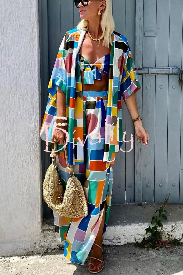 Summer Colors Printed Kimono + Knotted Tank + Elastic Waist Pocket Three-pieces Pants Set