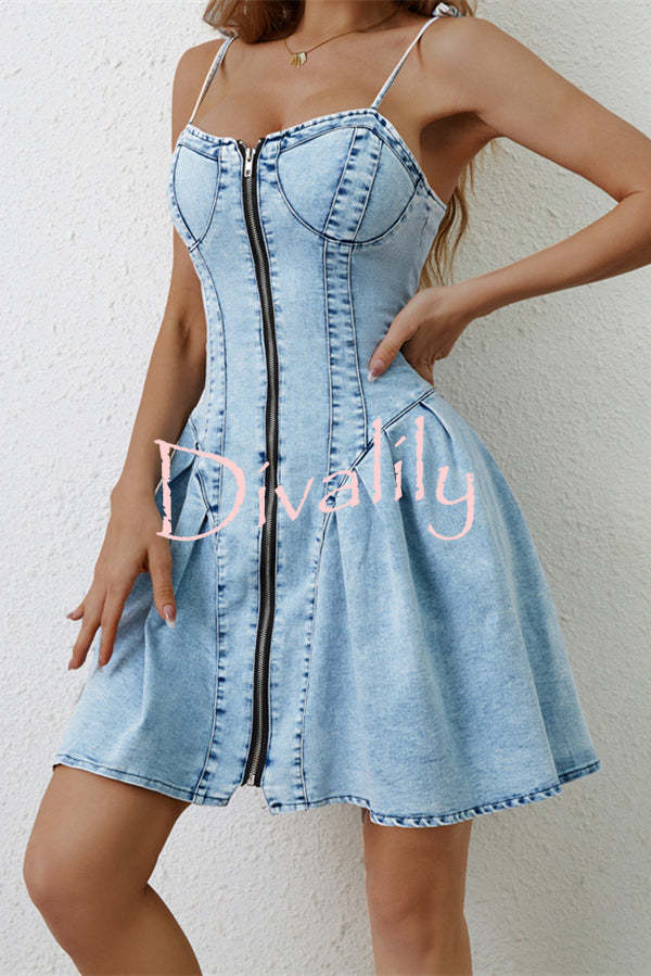 Fashionable Patchwork Suspender Zipper Slim Denim Mini Dress