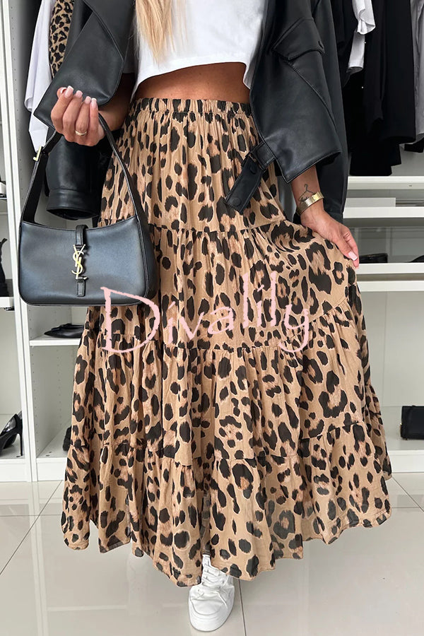 Unique and Comfortable Leopard Print Elastic Waist A-line Layered Maxi Skirt