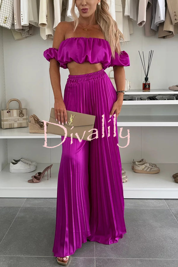 Jorie Satin Off Shoulder Puff Sleeve Crop Top and Elastic Waist Pleated Wide Leg Pants Set