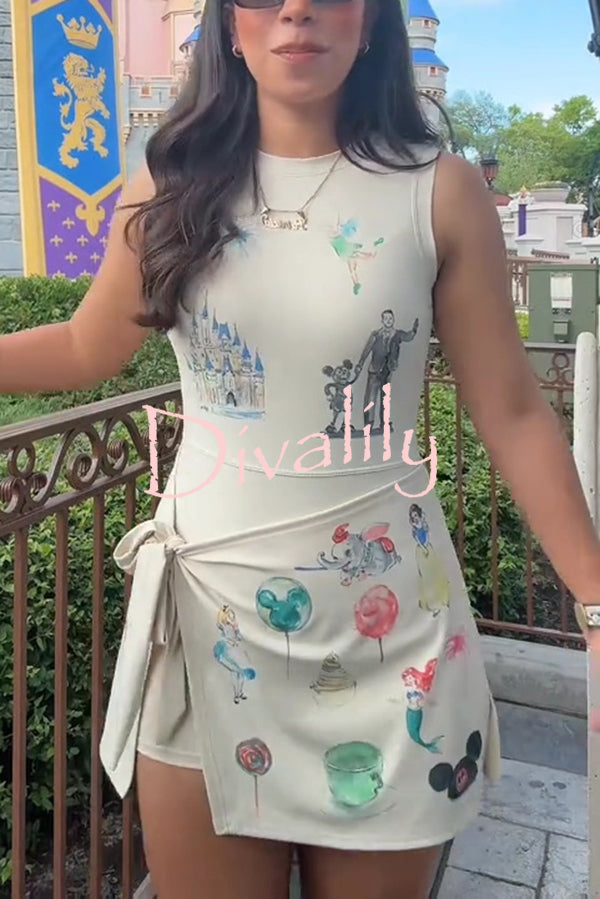 Childish Cartoon Print Sleeveless Fitted Lace-Up Mini Dress
