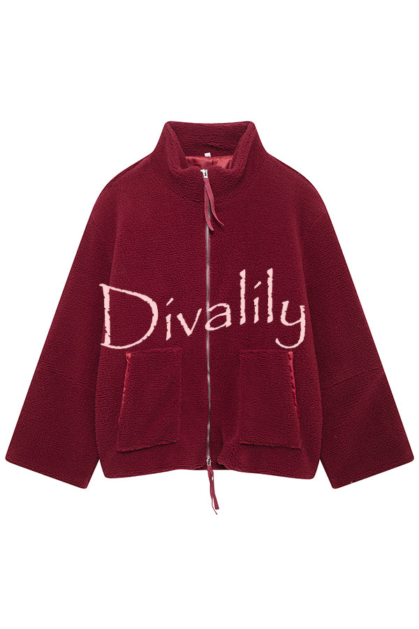 Solid Color Stitching High Collar Long Sleeve Loose Pocket Woolen Coat