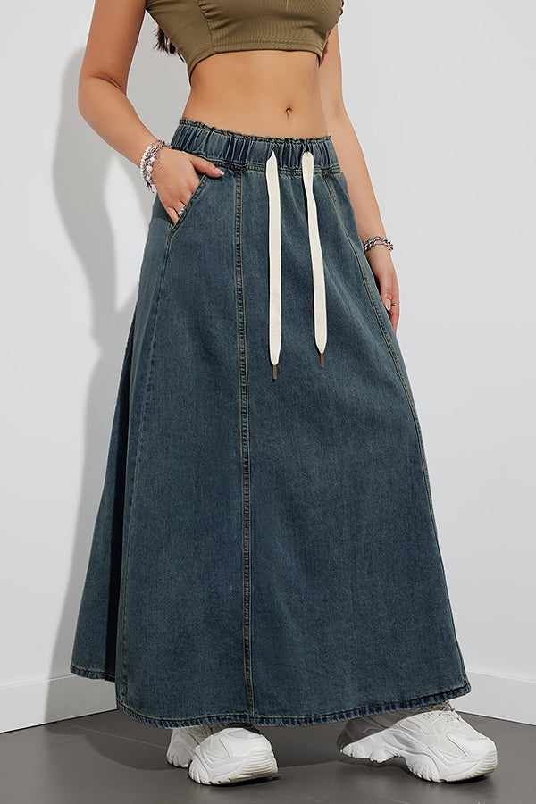Fashion Elastic Waist Drawstring Casual Pocket Denim Maxi Skirt