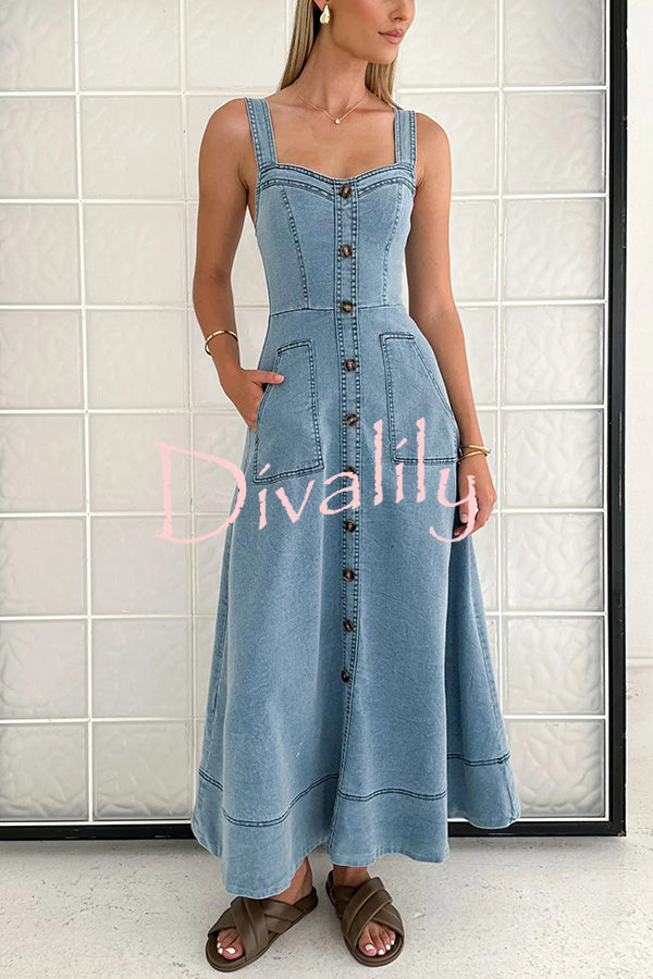 Solid Color Suspender Pocket Button Slim Denim Midi Dress