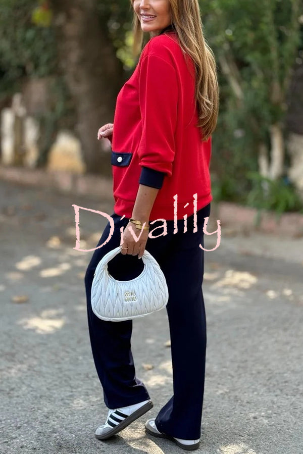 Stylish Color-blocked V-neck Knitted Button-down Cardigan and Elastic Waist Casual Wide-leg Pants Set