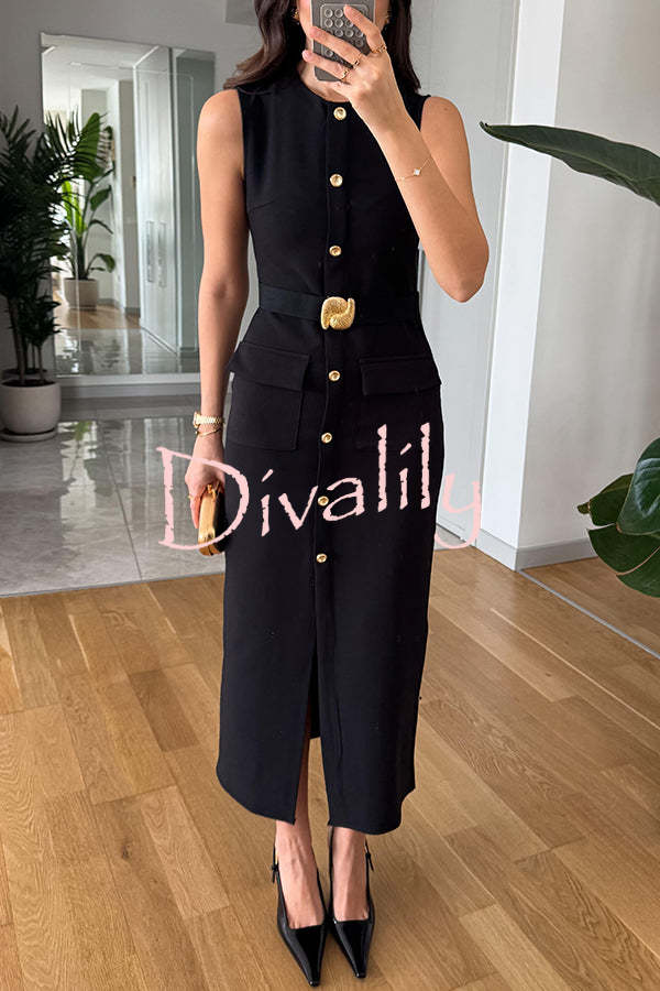 Danina Button Up Sleeveless Metal Belted Pocket Stretch Midi Dress