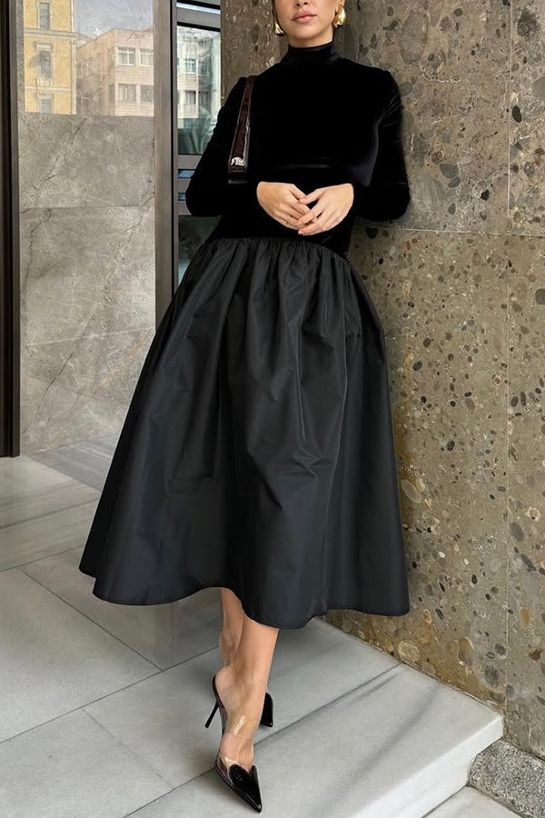 Solid Color Velvet Patchwork High Neck Long Sleeve Maxi Dress