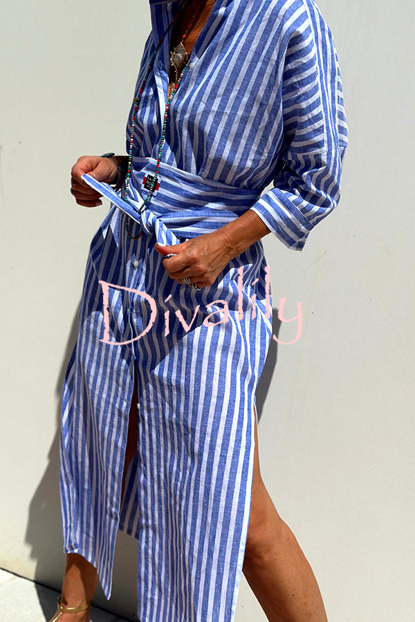 Summer Splendor Printed Button Half Sleeve Belt Loose Shirt Midi Dress