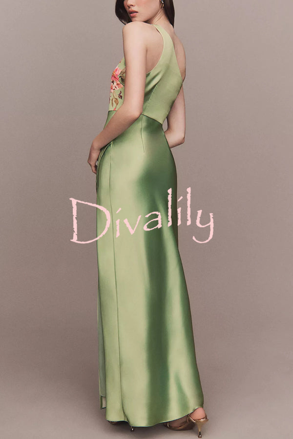 Wedding  Guest Satin Floral Print One Shoulder Side Slit Maxi Dress