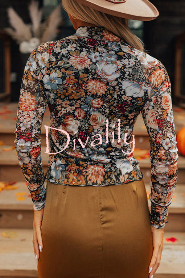 Floral Print Turtleneck Long Sleeve Stretch Bottoming Shirt