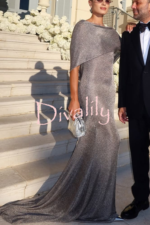 Fit and Elegance Fine Shimmering Fabric Open Cowl Back Draped Neckline Maxi Dress