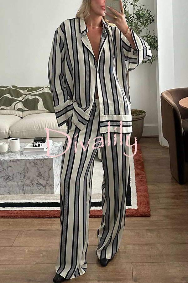 Lifetime of Happiness Striped Long Sleeve Loose Shirt and Elastic Waist Pocket Pants Set