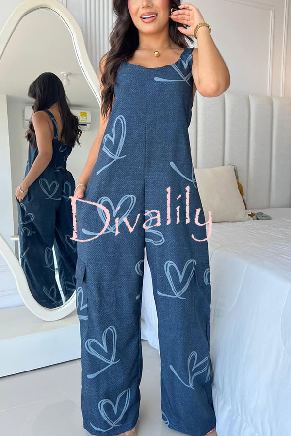 Fashion Cartoon Print Loose Round Neck Back Pleated Casual Pocket Wide Leg Jumpsuit
