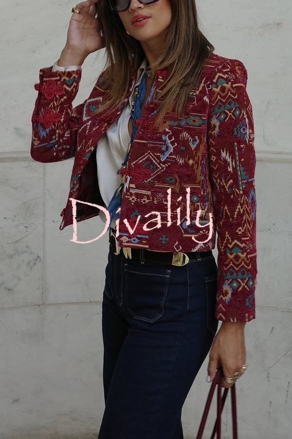 Vintage Bohemian Printed Chinese Style Buttons Long Sleeve Crop Jacket