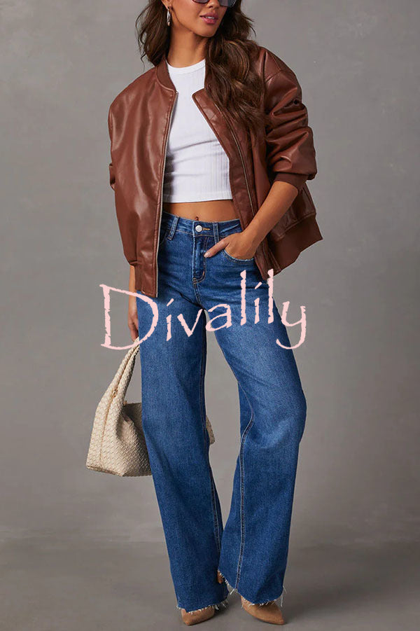 Solid Color Long Sleeve Loose Pocket Leather Jacket