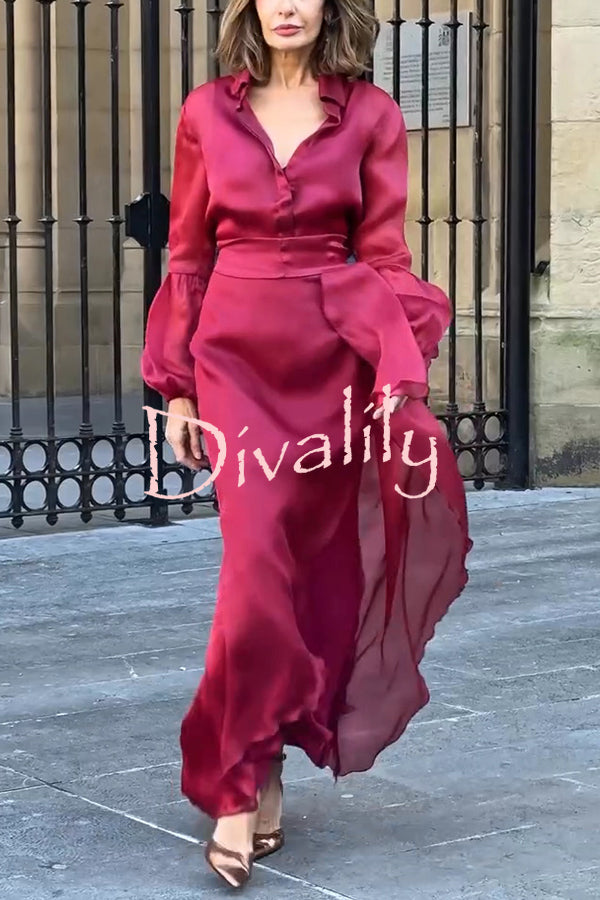 Lily Chiffon Bow Detail Puff Sleeve Blouse and Elegant Layered Maxi Skirt Set