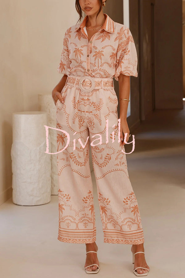 Linen Blend Lapel Puff Sleeve Loose Shirt and Casual Pocket Straight Pants Set