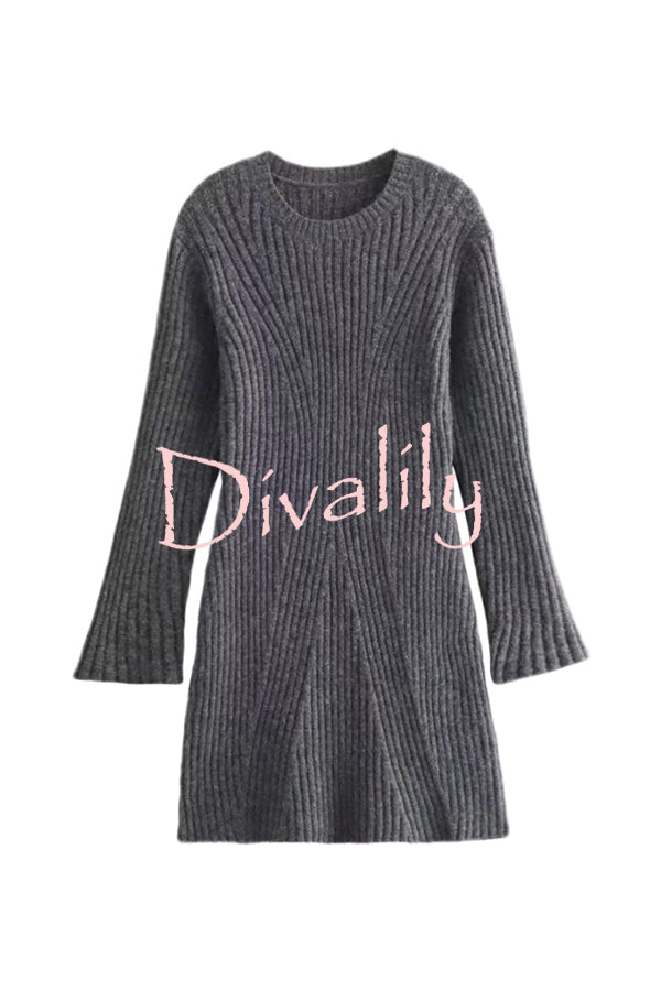 Beautiful Basic Ribbed Knit Long Slit Sleeve Flare Stretch Dress