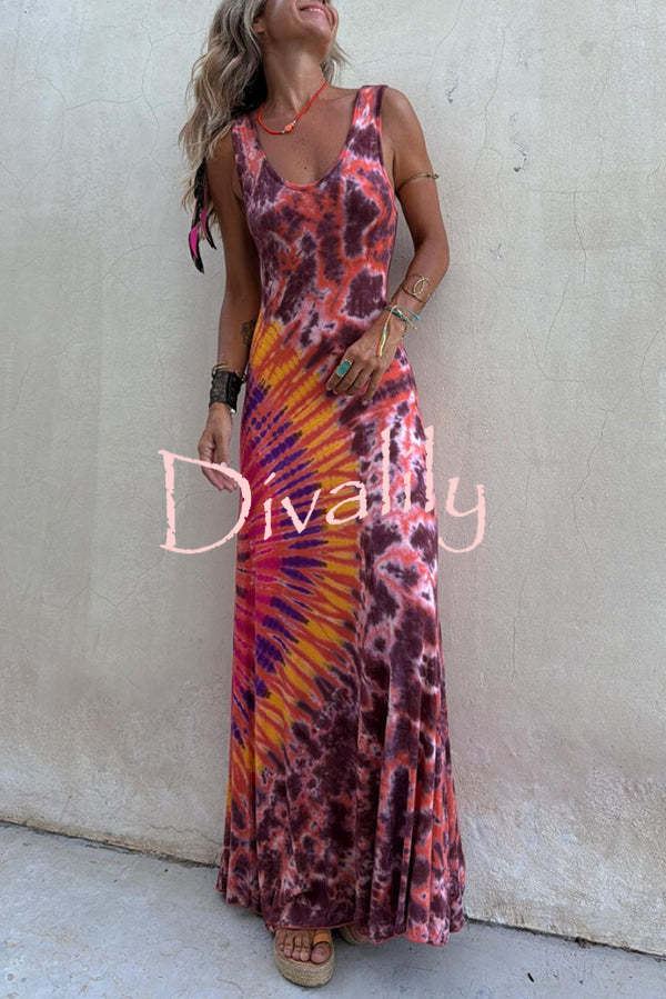 Boho Happiness Tie-dye Print Back Lace-up Stretch Maxi Dress