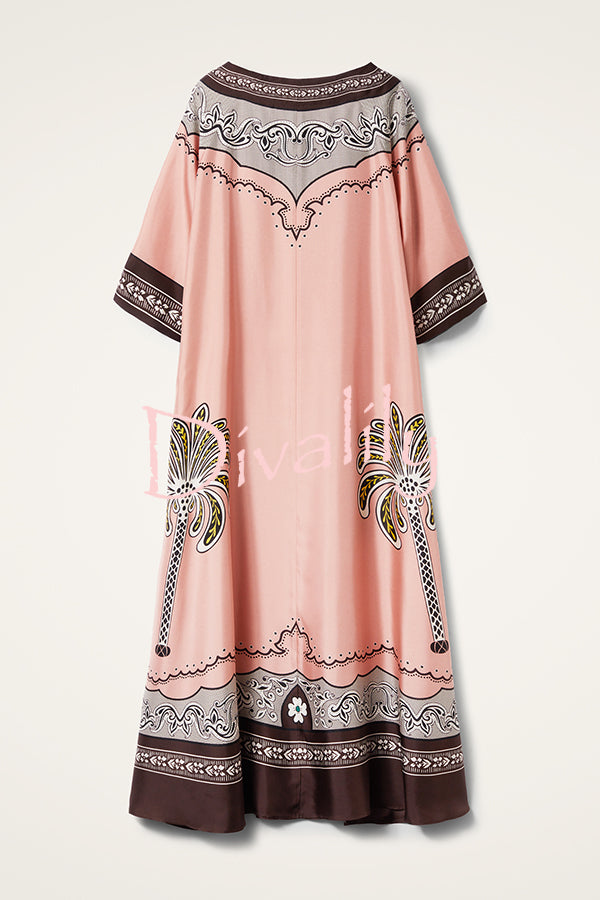 Satin Unique Print Casual V-neck Loose Holiday Maxi Dress