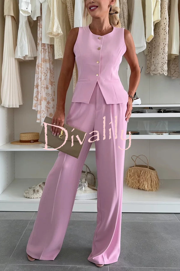 Workplace Chic Sleeveless Button Vest and Relaxed Pocket Wide Leg Pants Set
