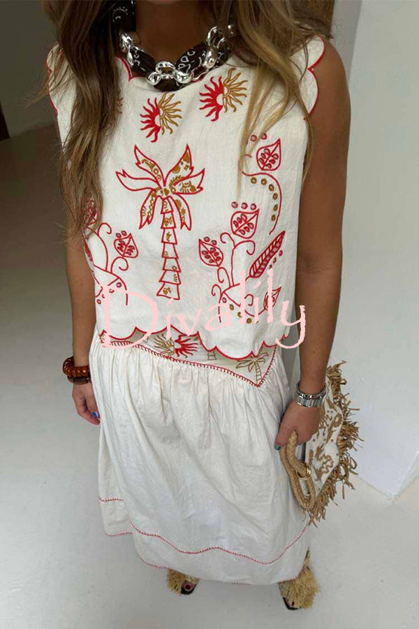 Sunny Day Linen Blend Contrast Embroidered Print Scallop Trim Lace-up Top