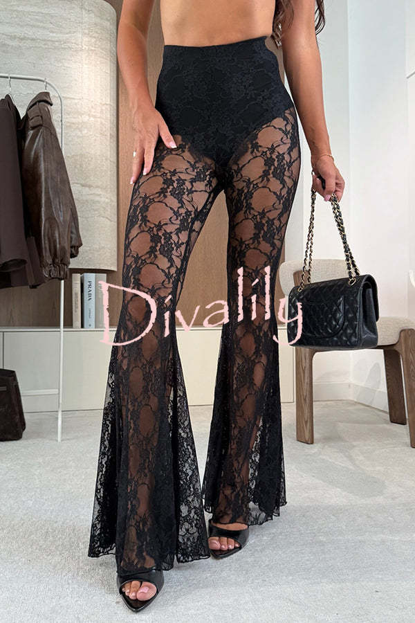 Chic Moment Floral Lace High Rise Elastic Waist Fishtail Hem Stretch Pants