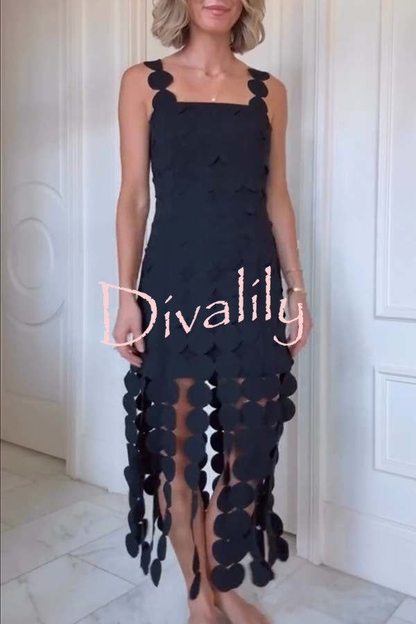 Best Dance Laser Cut Circle Embroidery Square Neck Tassle Trim Midi Dress