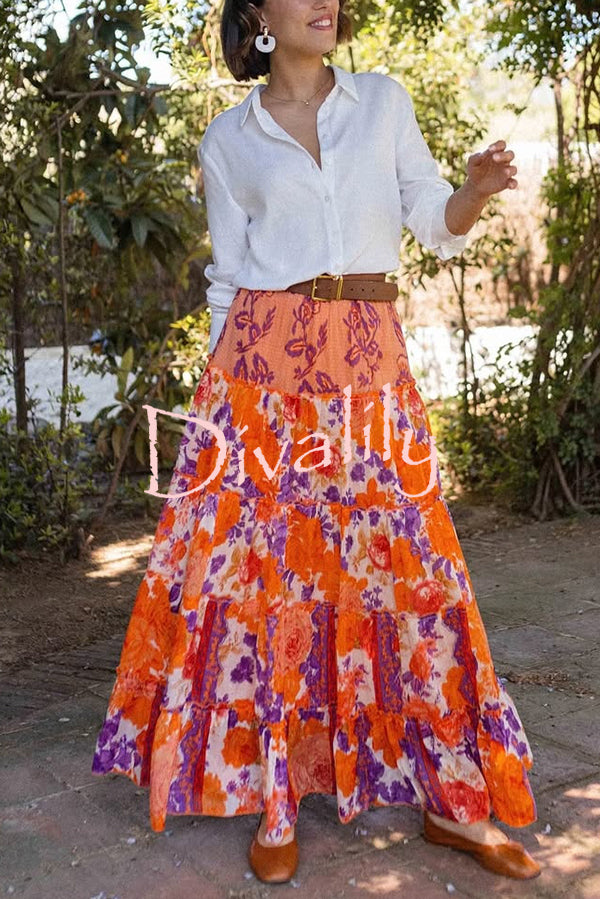 Resort Style Floral Print Elastic Waist Loose Stitching Maxi Skirt