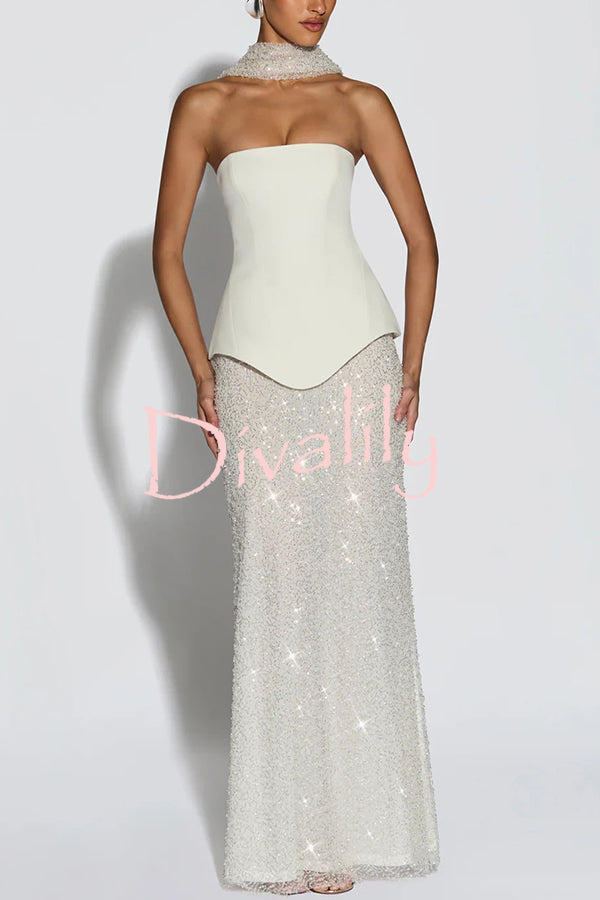 Oakley Corset Strapless Top and Sequin High Rise Maxi Skirt Scarf Set