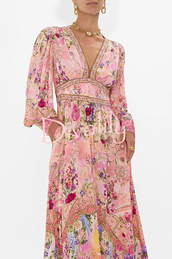 Fairy Tale Print V-Neck Lantern Sleeve Waist Maxi Dress