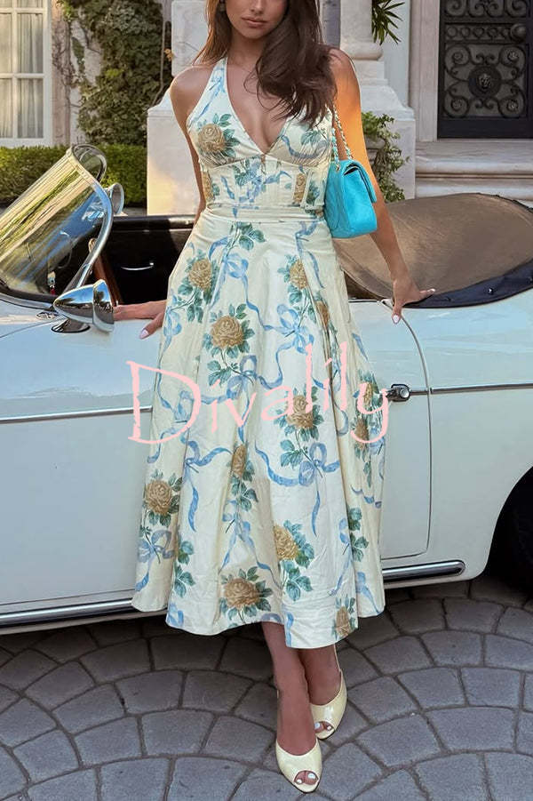 Resort Star Floral Print Waist Halterneck Tie Pocket Midi Dress