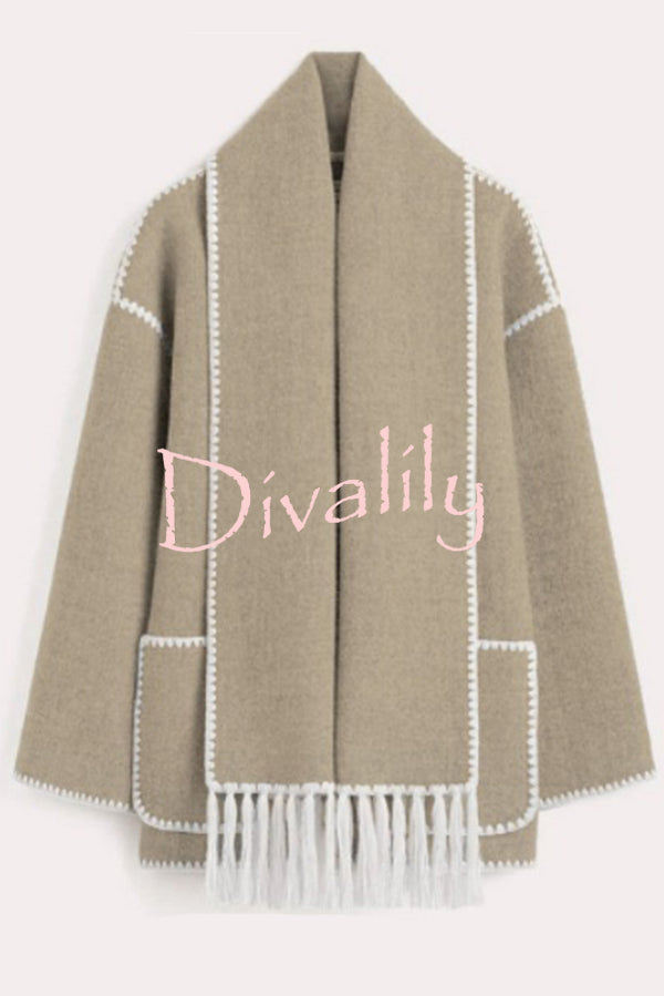 Stylish Loose Pocket Long Sleeve Coat and Warm Fringed Scarf