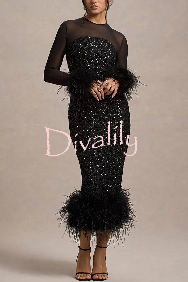 Glamor and Drama Mesh Sequin Patchwork Feather Trim Stretch Midi Dress