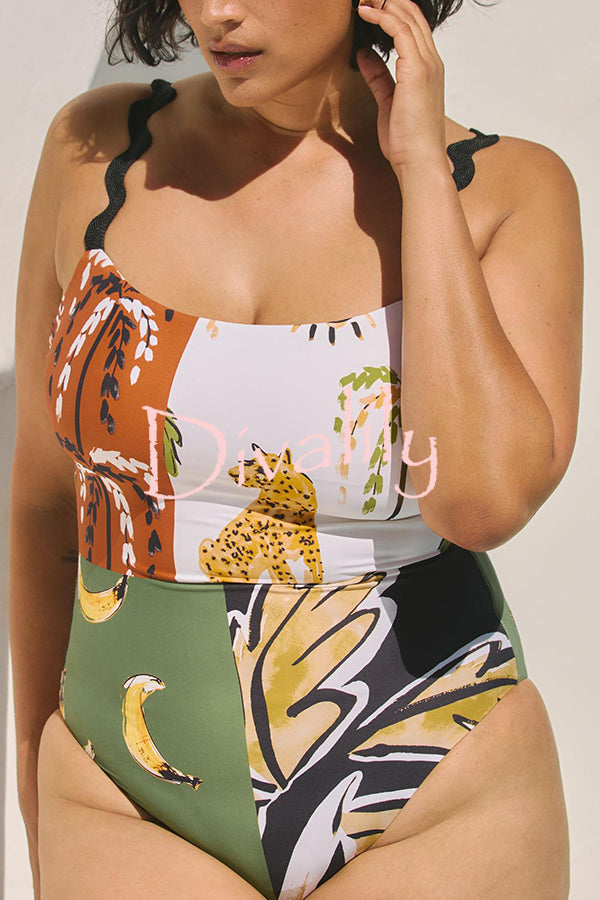 Nature Beauty Unique Leopard Print Ric Rac Strap Stretch One-piece Swimsuit