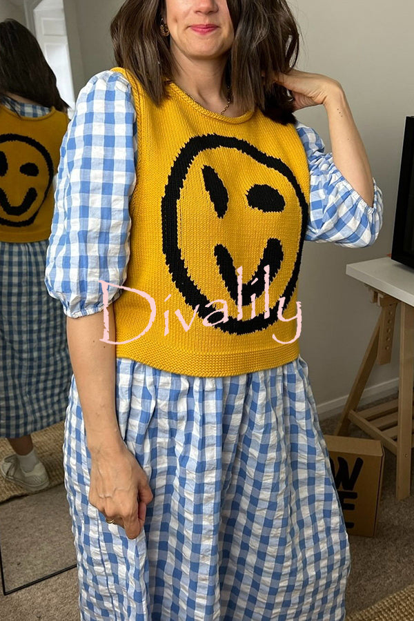 Always Happy Face Knit Unique Pattern Versatile Loose Tank Top